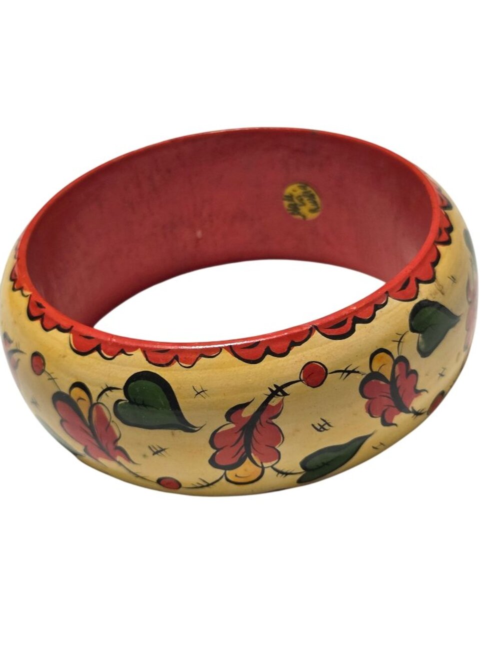 Hand Painted Wooden Bangle Bracelet Yellow Orange Floral Design Fashion Jewelry